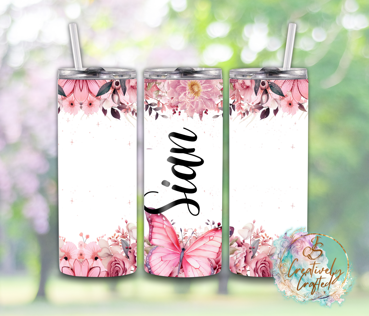 20oz Steel Tumbler - Personalised Pink Flowers Design