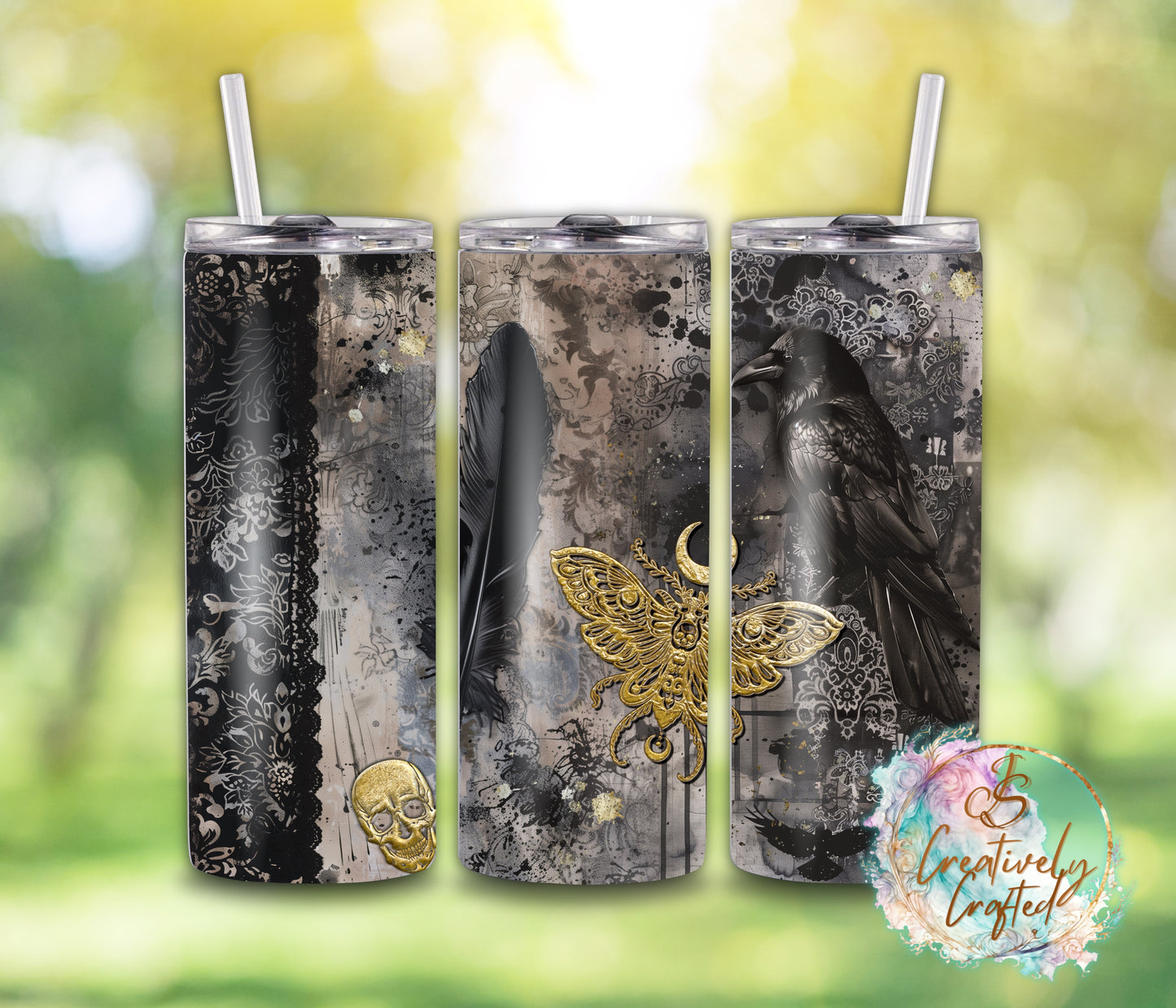 20oz Steel Tumbler - Victorian black and gold, gothic theme